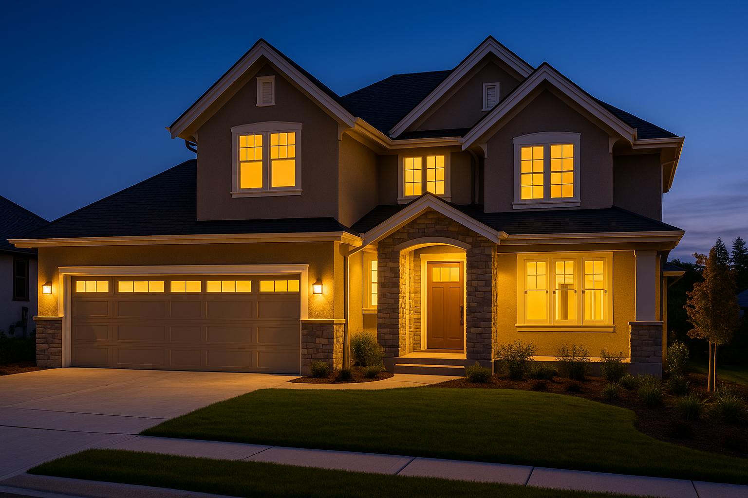 A luxury home exterior at twilight